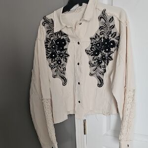 POL Cream and Black Embroidered Button Down Shirt